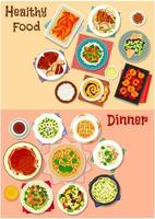 Healthy dinner dishes icon set for food design vector