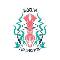 viaje de pesca símbolo deportivo con calamares vector