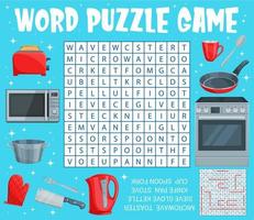 Word search game with kitchen appliance, utensil vector