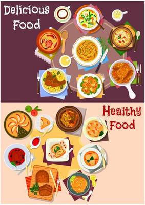 Baked meat and veggies dish with dessert icon set
