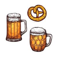 vaso de cerveza y boceto aislado de pretzel bávaro vector