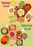 Russian cuisine soup and fresh salad icon set vector