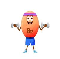 Cartoon vitamin B12 athlete with dumbbells, vector