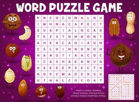 Cartoon nuts characters, word search puzzle game vector