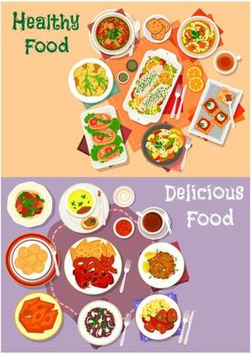 Meat, seafood and mushroom dishes icon set
