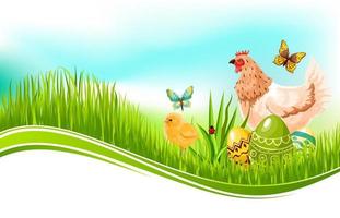 plantilla de vector de pascua de huevos pascuales y pollo