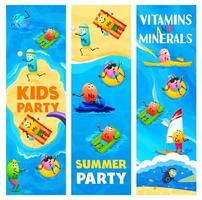 Cartoon vitamin and mineral characters on beach vector