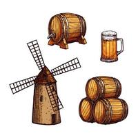 Beer drink isolated sketch set with glass, barrel vector