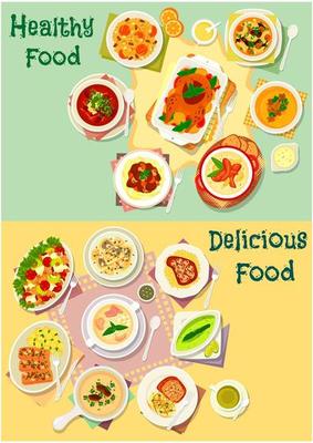 Meat, fish and mushroom dishes icon set design