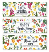 Spring floral banner with flower and berry frame vector