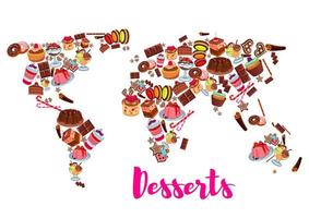 World map of cake, cupcake, donut, candy desserts vector