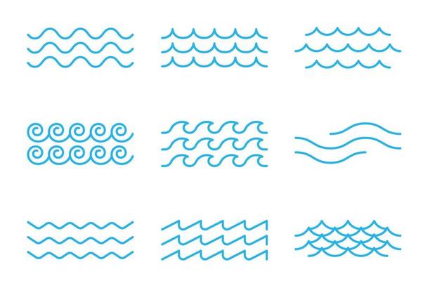 Outline sea or ocean surf wave icons, tide pattern