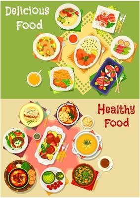 Dinner and lunch food icon set for menu design