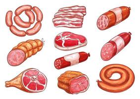 conjunto de bocetos de salchicha y carne para el diseño de alimentos vector