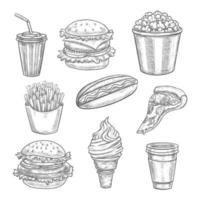Fast food vector sketch isolated icons set