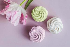 Italian meringue cookies with flower on pink background, spring sweets flat lay photo