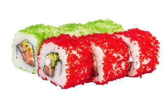Tobiko Spicy Maki Sushi - Hot Roll with various type of flying fish roe outside. Salmon, avocado and Green Lettuce inside photo