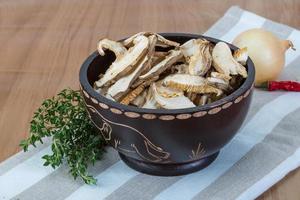 Shiitake in a bowl on wooden background photo