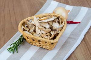 Dry shiitake in a basket on wooden background photo