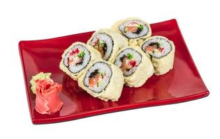 Japanese Cuisine -Tempura Maki Sushi Deep Fried Roll made of salmon, tobiko roe and Cream Cheese inside photo