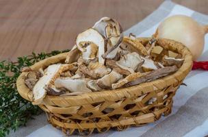 Shiitake in a basket on wooden background photo