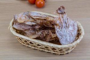 Dried squid in a basket on wooden background photo