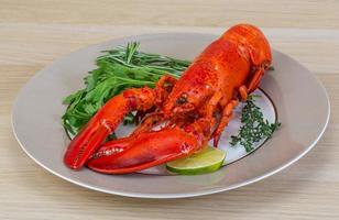 Boiled lobster on the plate and wooden background photo