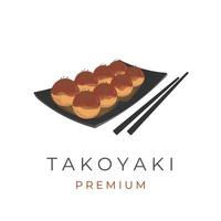 logotipo de ilustración vectorial takoyaki servido con palillos japoneses y plato vector