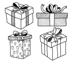 cajas de regalo, presenta un conjunto de iconos vectoriales. colección de garabatos dibujados a mano aislada en blanco. vector