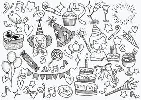 set of doodle cartoon objects and symbols on the birthday party. vector