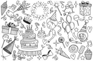 set of doodle cartoon objects and symbols on the birthday party. vector