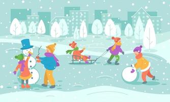 Winter fun. Children play for a walk in the city winter park. Vector stock illustration in flat style.