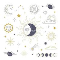 Set of cosmic magic linear elements isolated on white background. Sun, moon, stars and planets. Vector stock illustration.