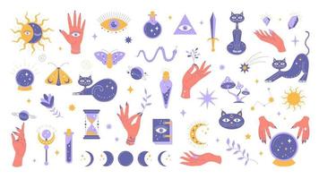 Witchcraft set, collection of magical mystical elements isolated on white background. Space elements, female hands. Vector stock illustration.