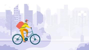 mensajero del repartidor con una mochila en una bicicleta en el fondo del paisaje urbano.banner con espacio de copia.ilustración vectorial de stock. vector