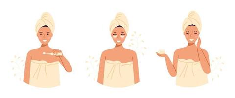 A set of a woman in a towel and a turban after taking a bath takes care of herself, brushes her teeth, applies cream and patches. Stock vector illustration.