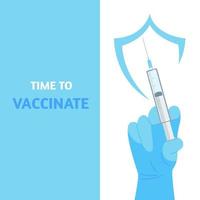 Syringe with a vaccine in the doctor's hand. Concept of time for vaccination, coronavirus infection pandemic. Vector stock illustration.