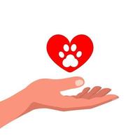 mano humana y corazón rojo con un rastro de un perro animal. concepto de cuidado y protección animal. diseño para artículos para mascotas, publicidad. ilustración vectorial de acciones. vector