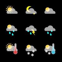 Set weather icons on a black background in the style of glassmorphism. Vector stock illustration.