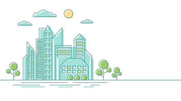 City landscape, multi-storey buildings and trees in a linear style. Banner with copy space. Vector stock illustration.