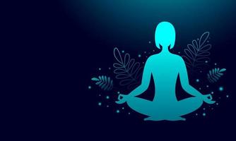 Silhouette of a woman in a lotus position on a dark background, neon gradient, yoga class, meditation. Banner design with copy space. Vector stock illustration.