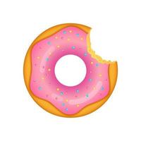 Bitten donut in pink glaze with sprinkles on a white background. Vector stock illustration.