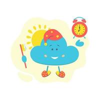 personaje de nube con cepillo de dientes, sol y despertador. concepto de buenos días. para ilustrar productos infantiles, libros. ilustración vectorial de acciones. vector