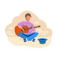 A man with a guitar sits on the street. Street musician concept. Stock vector illustration in flat style.