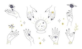 Mystical linear set of magical female hands isolated on white background. Vector stock illustration.