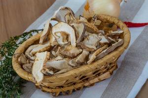 Shiitake in a basket on wooden background photo