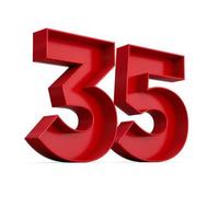 Red digit 35 or thirty five with inner shadow isolated on white. 3d illustration photo