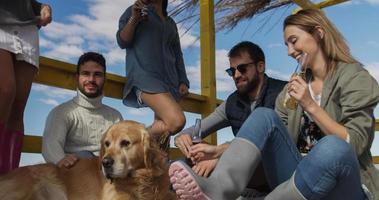 Group of friends having fun on autumn day at beach photo