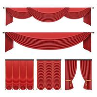 Red curtains set in classic style isolated on white background. Realistic 3d Luxury vector illustration.