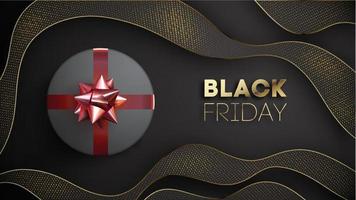 Black friday banner with black giftbox decorated with golden ribbon on black background. vector
